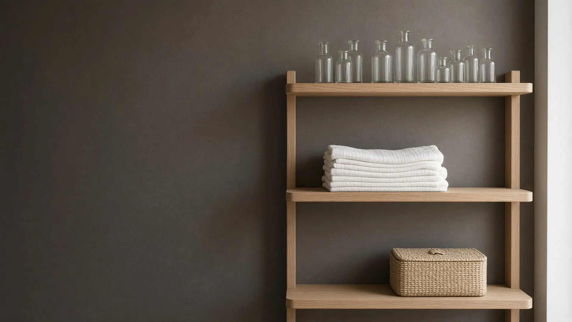 Bottles, muslin cloths, and a basket on a nursery shelf