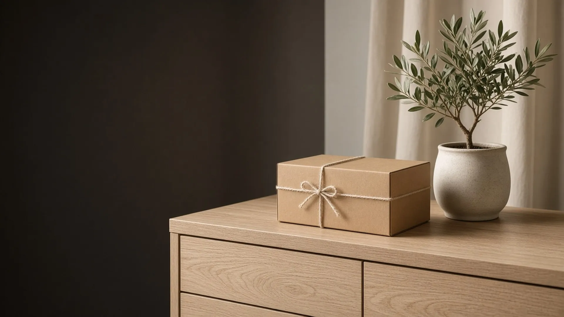 A plain box tied with twine on a nursery dresser