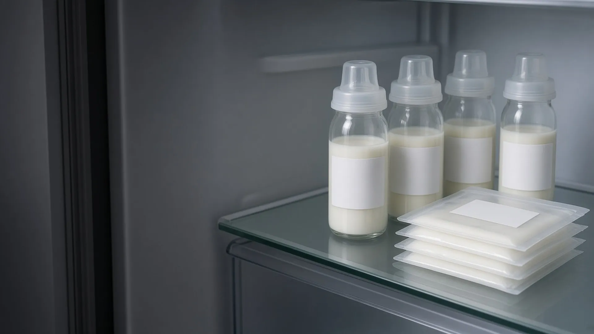 Bottles and storage bags of milk on a refrigerator shelf