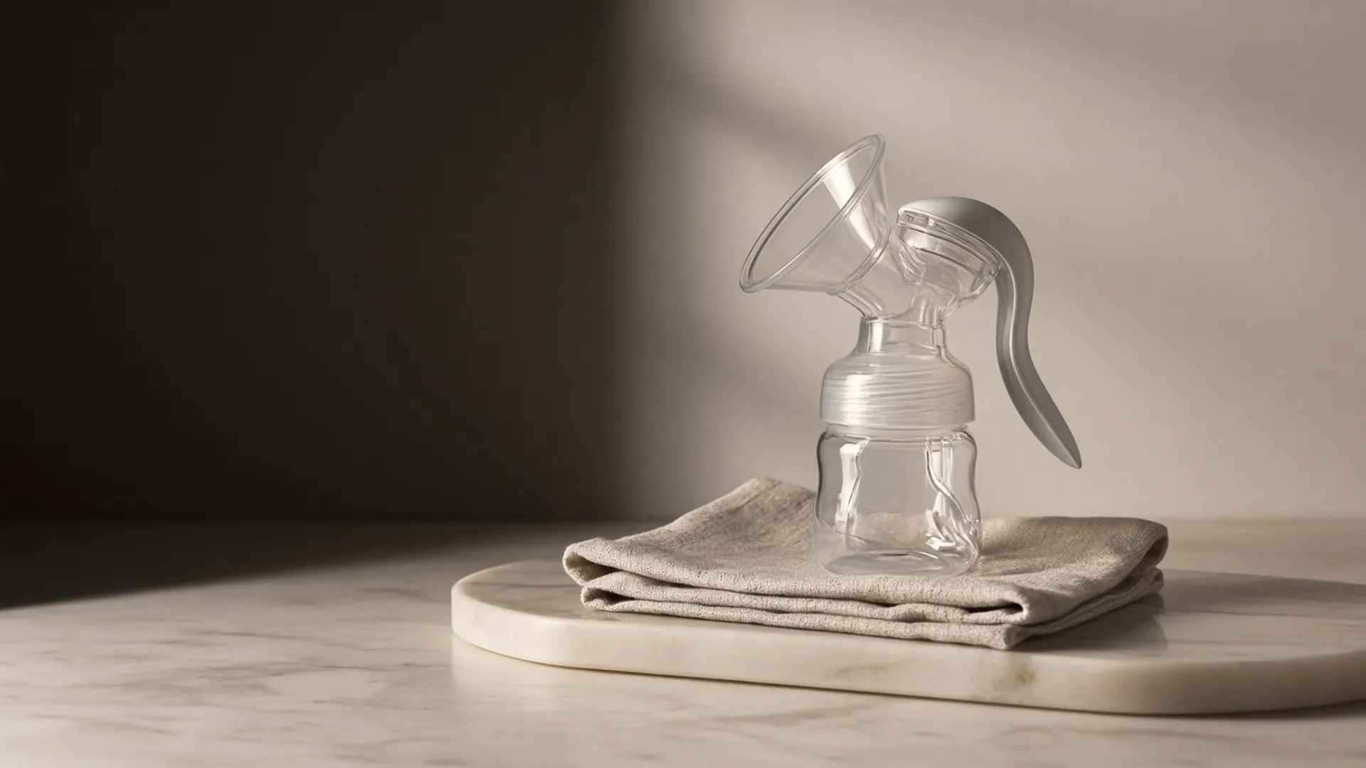 A manual breast pump on a linen napkin