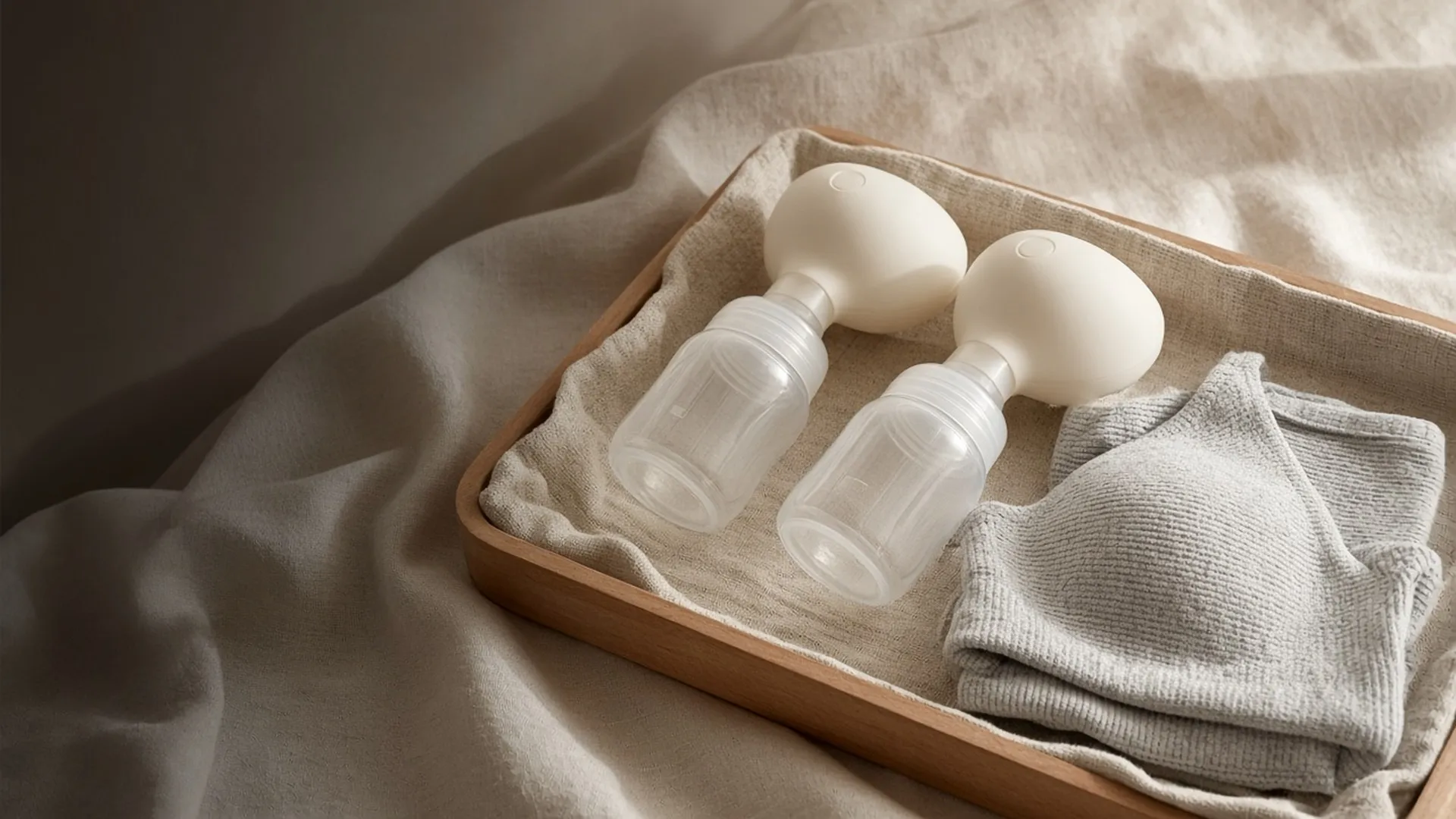 Two wearable pump cups in a linen tray beside a pumping bra