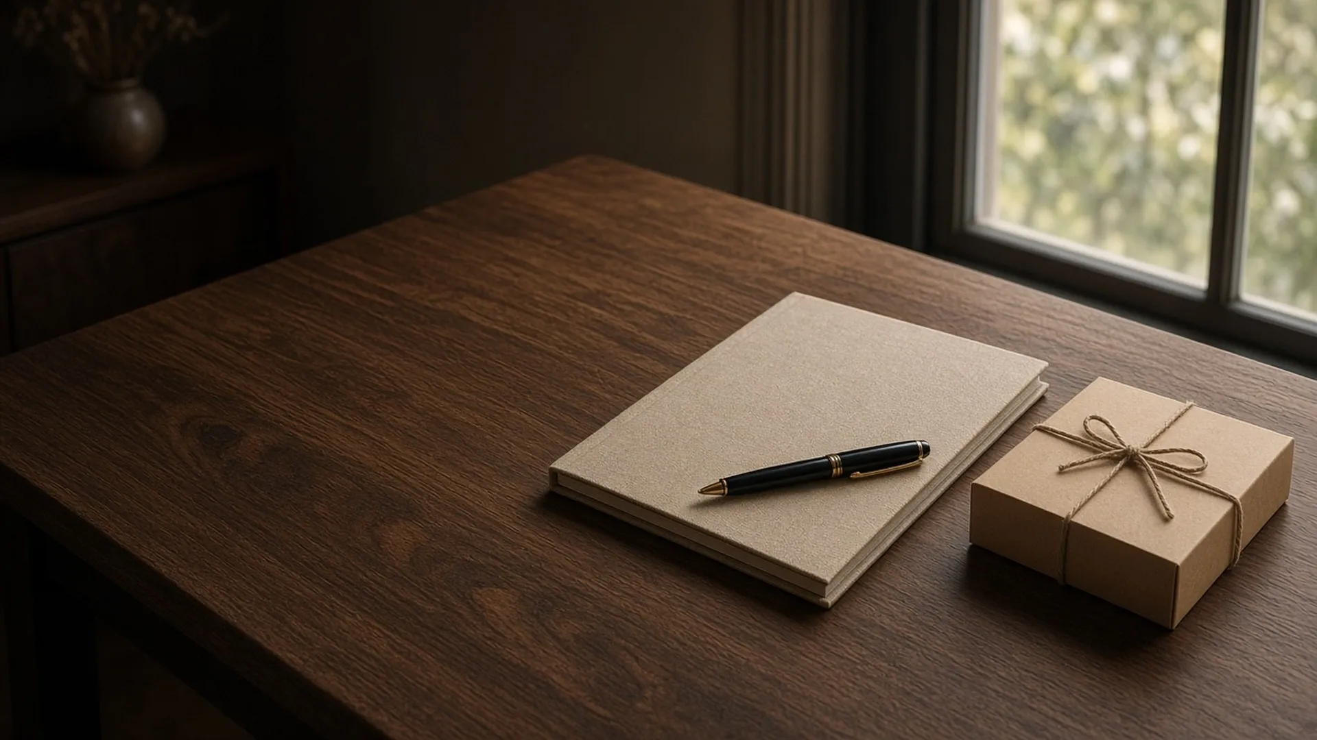 A closed folder and a plain box on a writing desk