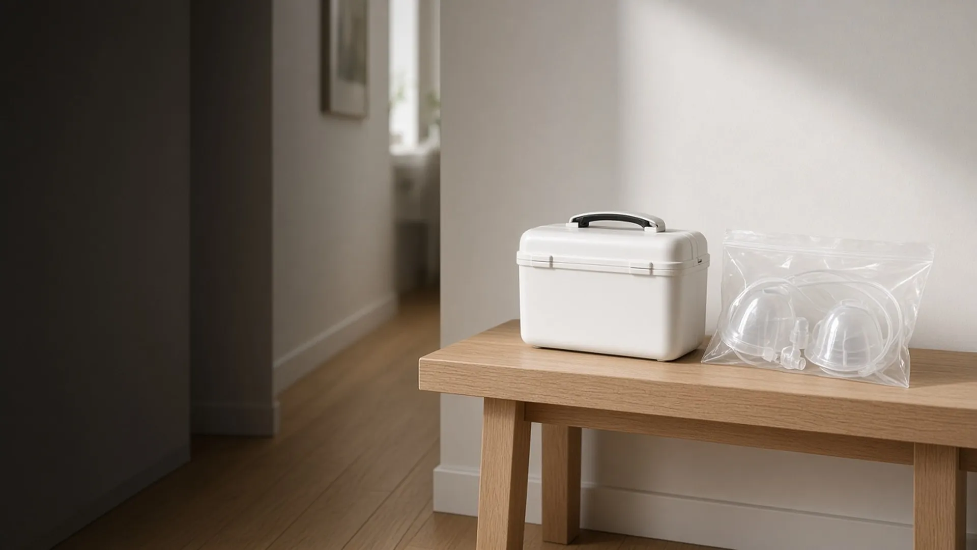 A closed carrying case beside a sealed accessories kit