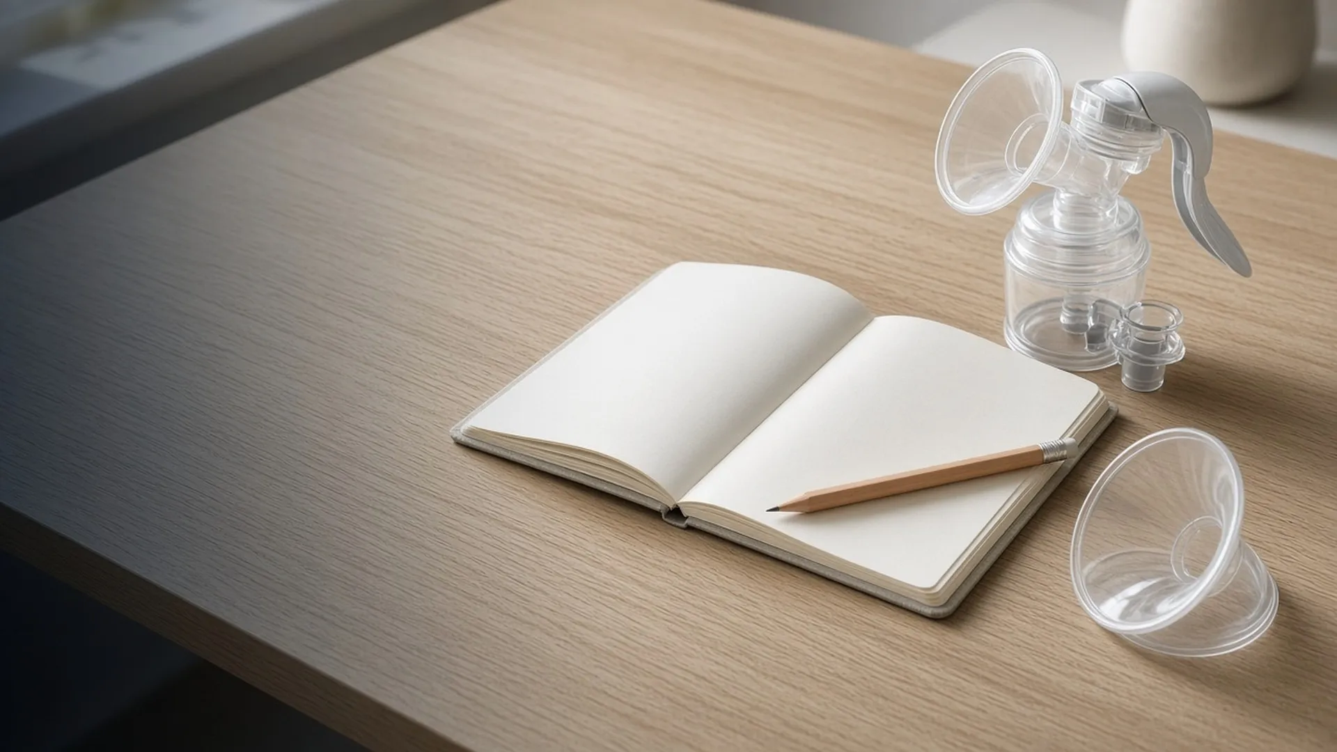 A blank notebook beside a manual pump and a breast shield