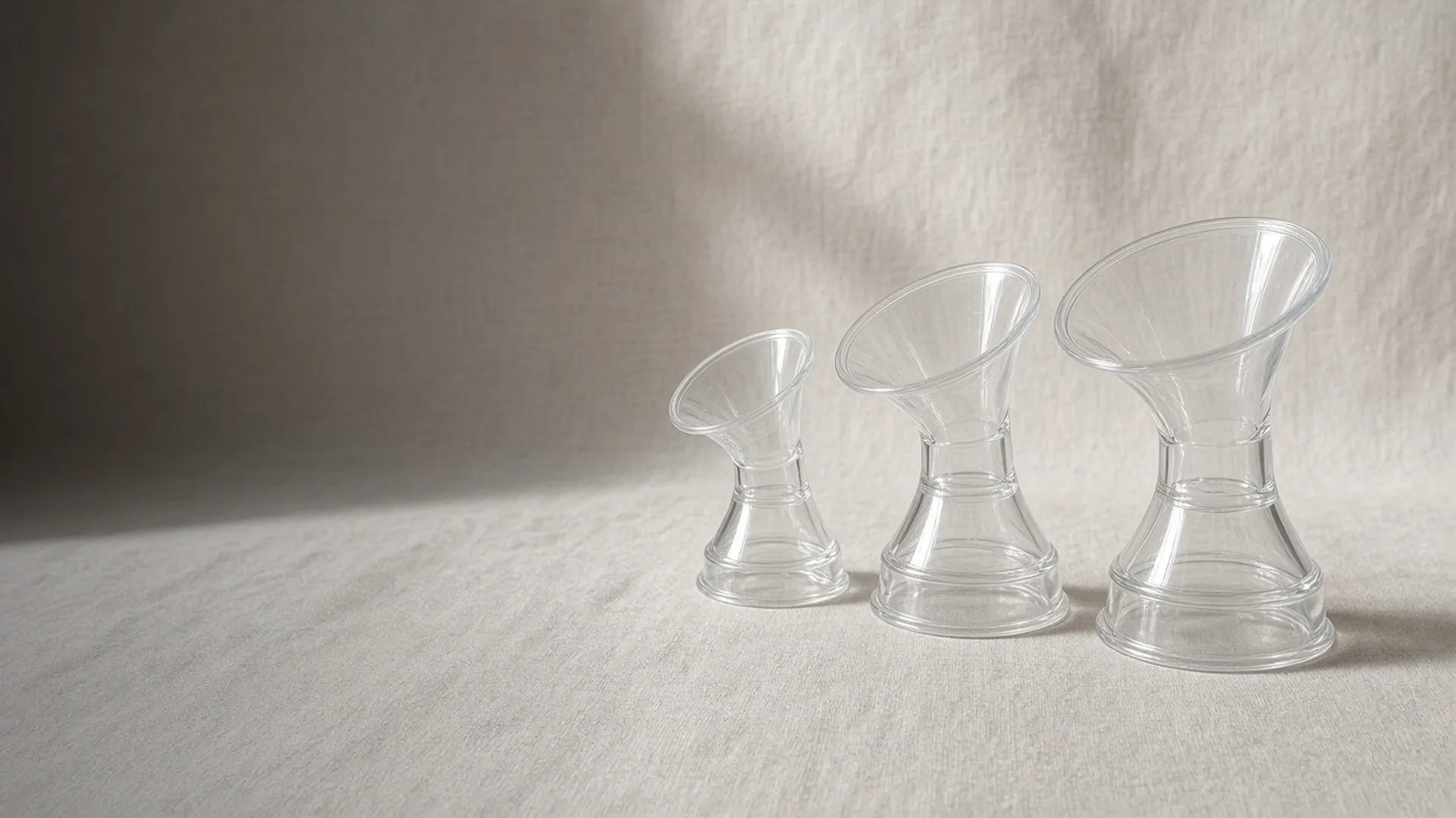 Three clear breast shields in a row on linen