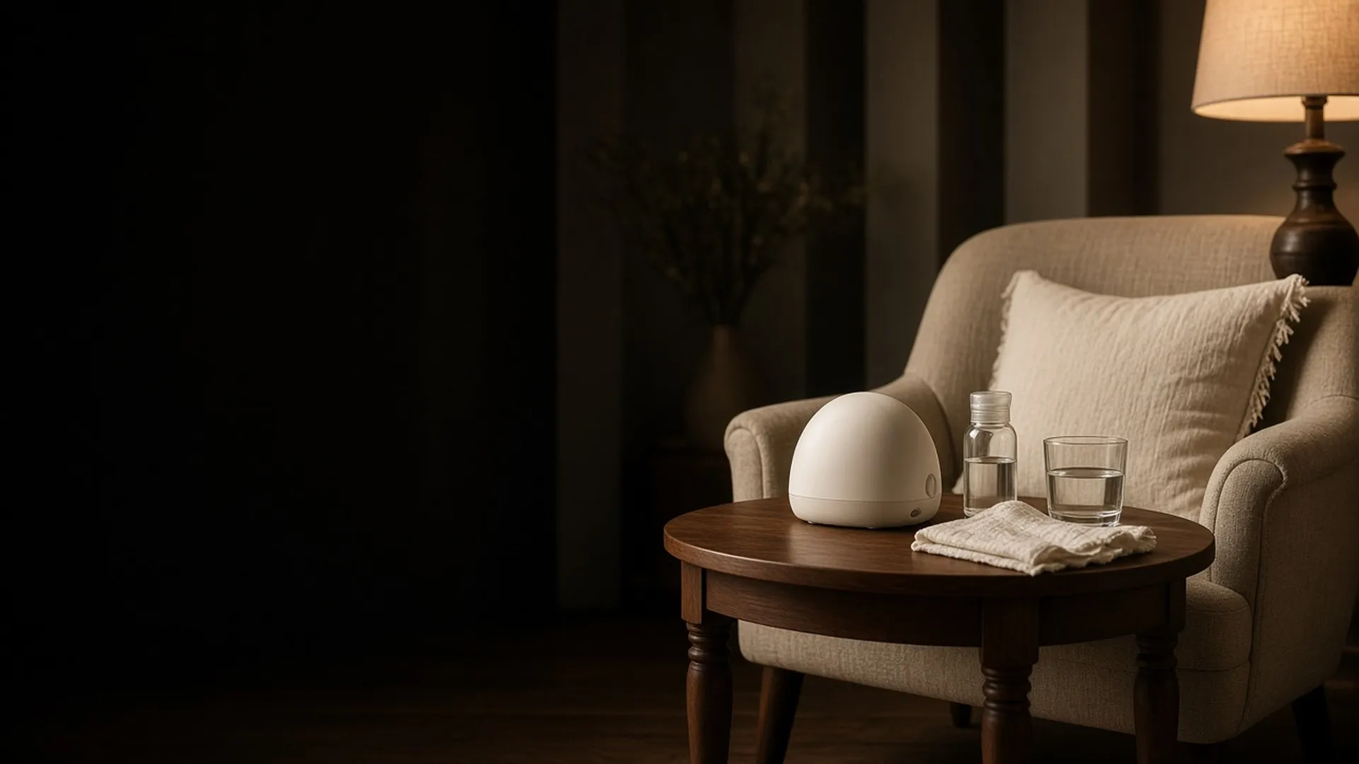 A pump, a bottle, and a glass of water beside an armchair