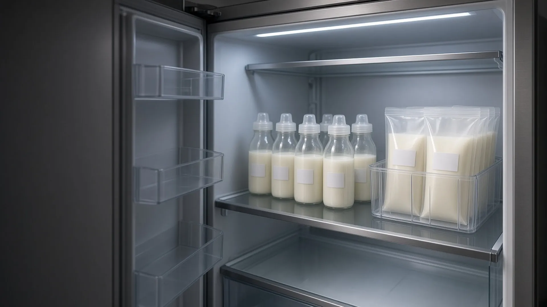 Bottles and storage bags of milk at the back of a refrigerator shelf