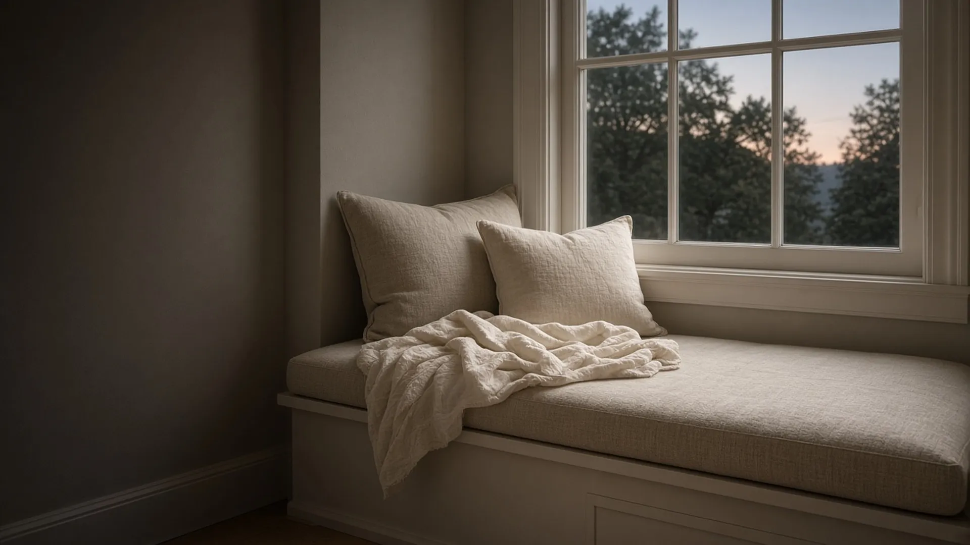 A nursery window seat with linen cushions