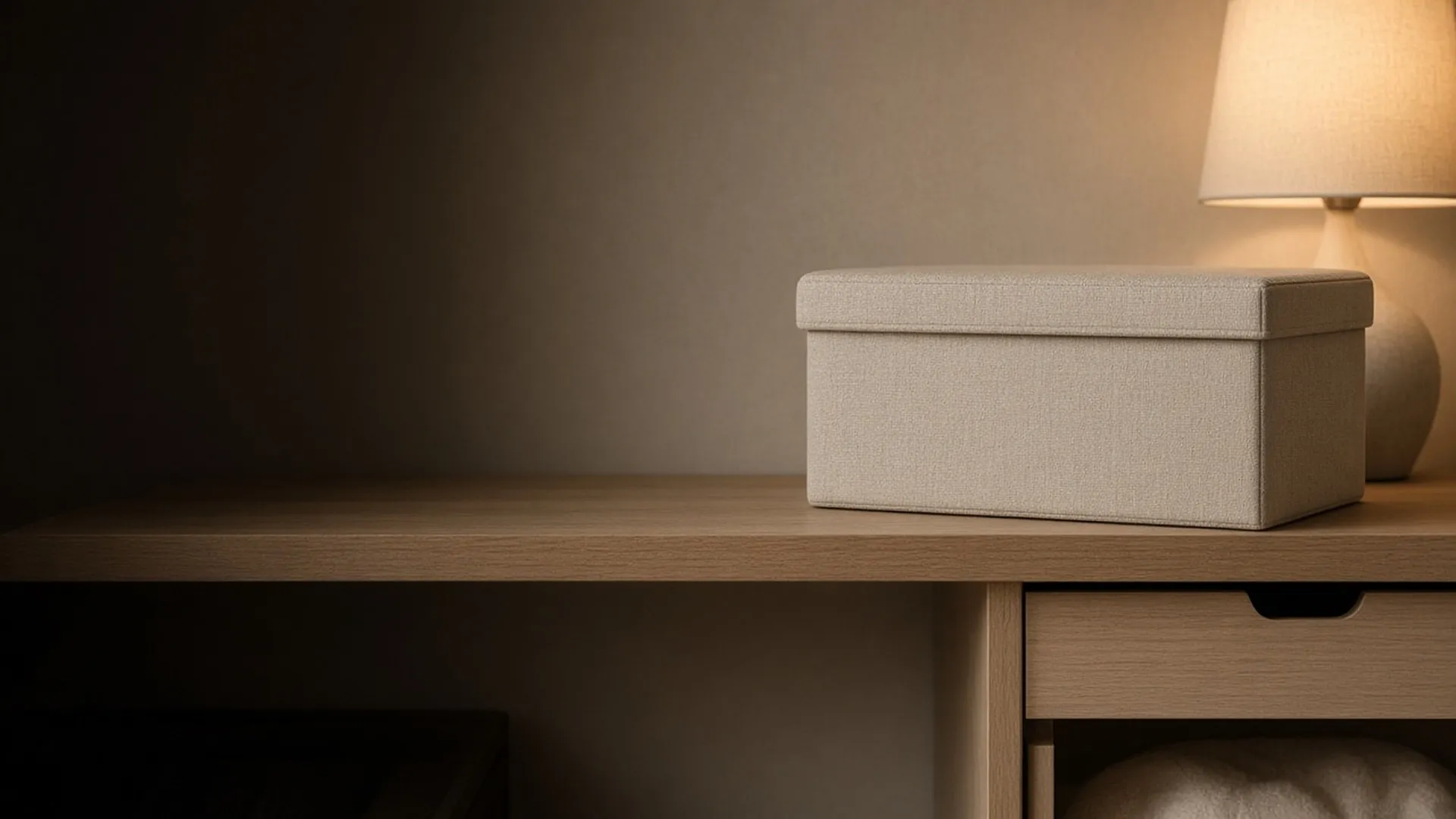 A closed linen box on a nursery shelf