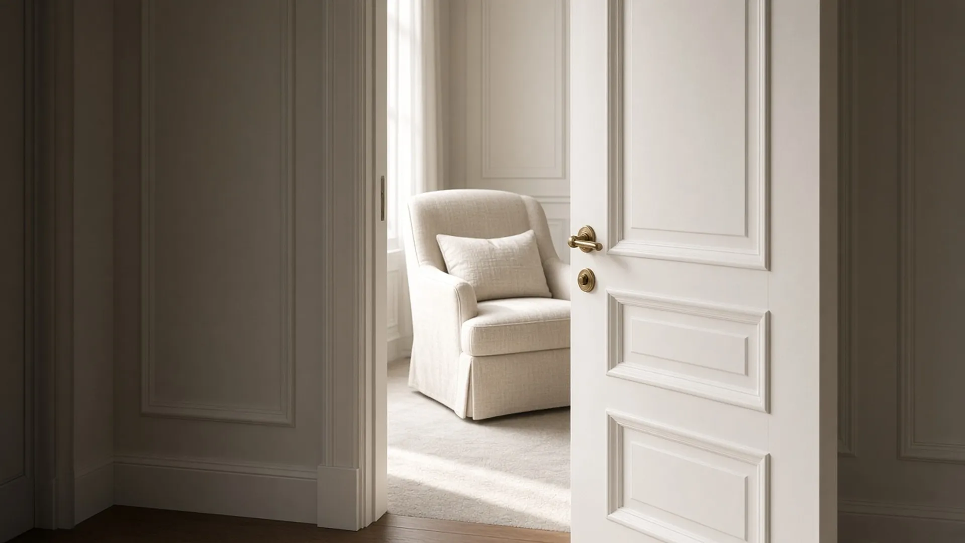 A nursery door opening onto a softly lit room