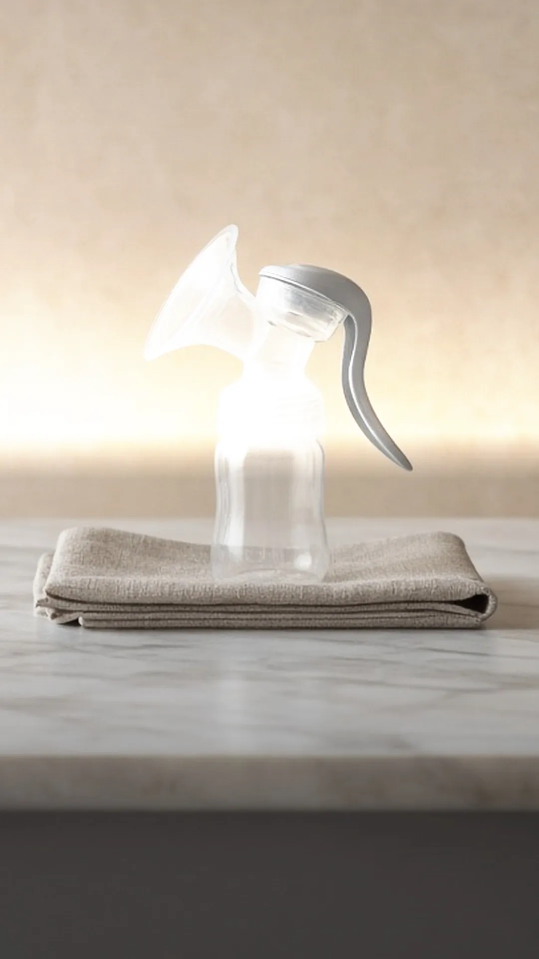 A manual breast pump on a linen napkin