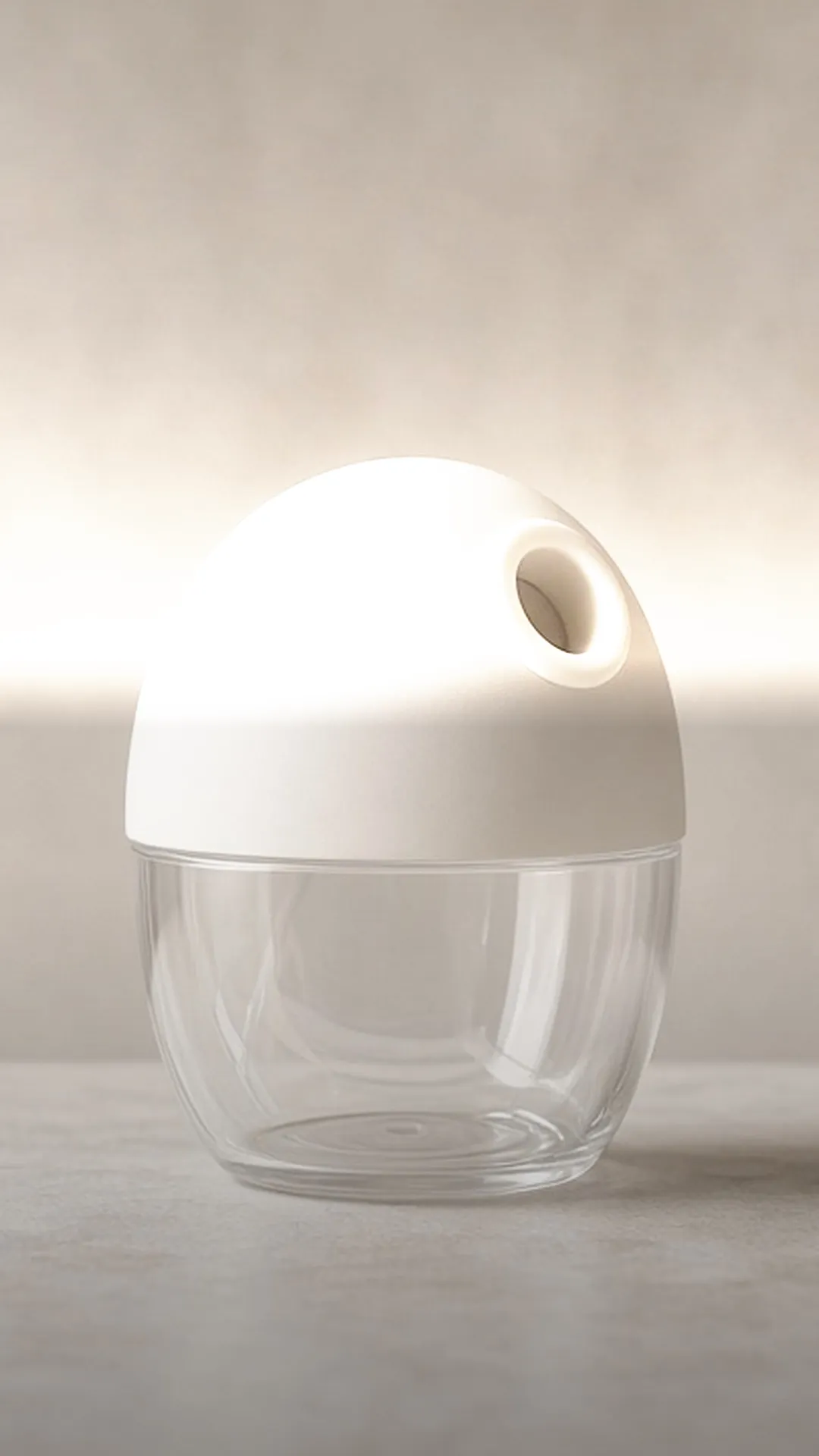 One wearable pump cup with a white top and clear lower cup on pale stone