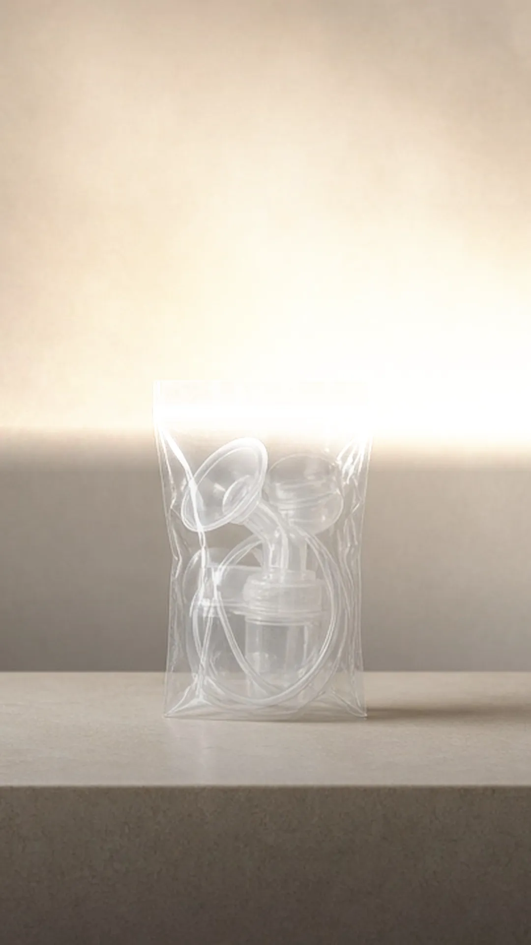 A sealed clear zip bag holding a breast shield, tubing, and bottle on a stone ledge