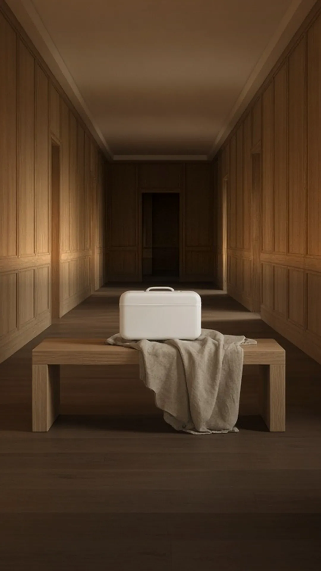 A closed white carrying case and a linen throw on an oak bench in a hallway