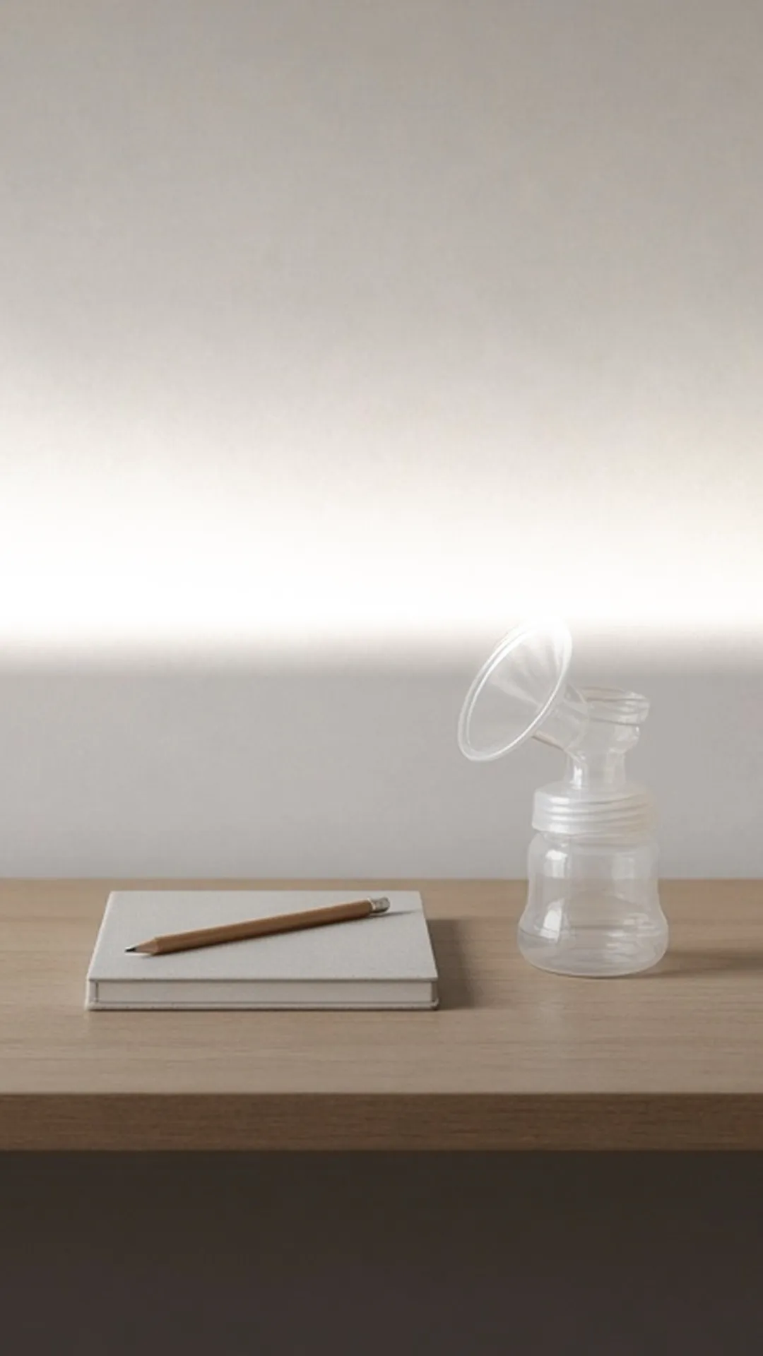 A closed notebook and pencil beside a breast shield on a bottle, on an oak table