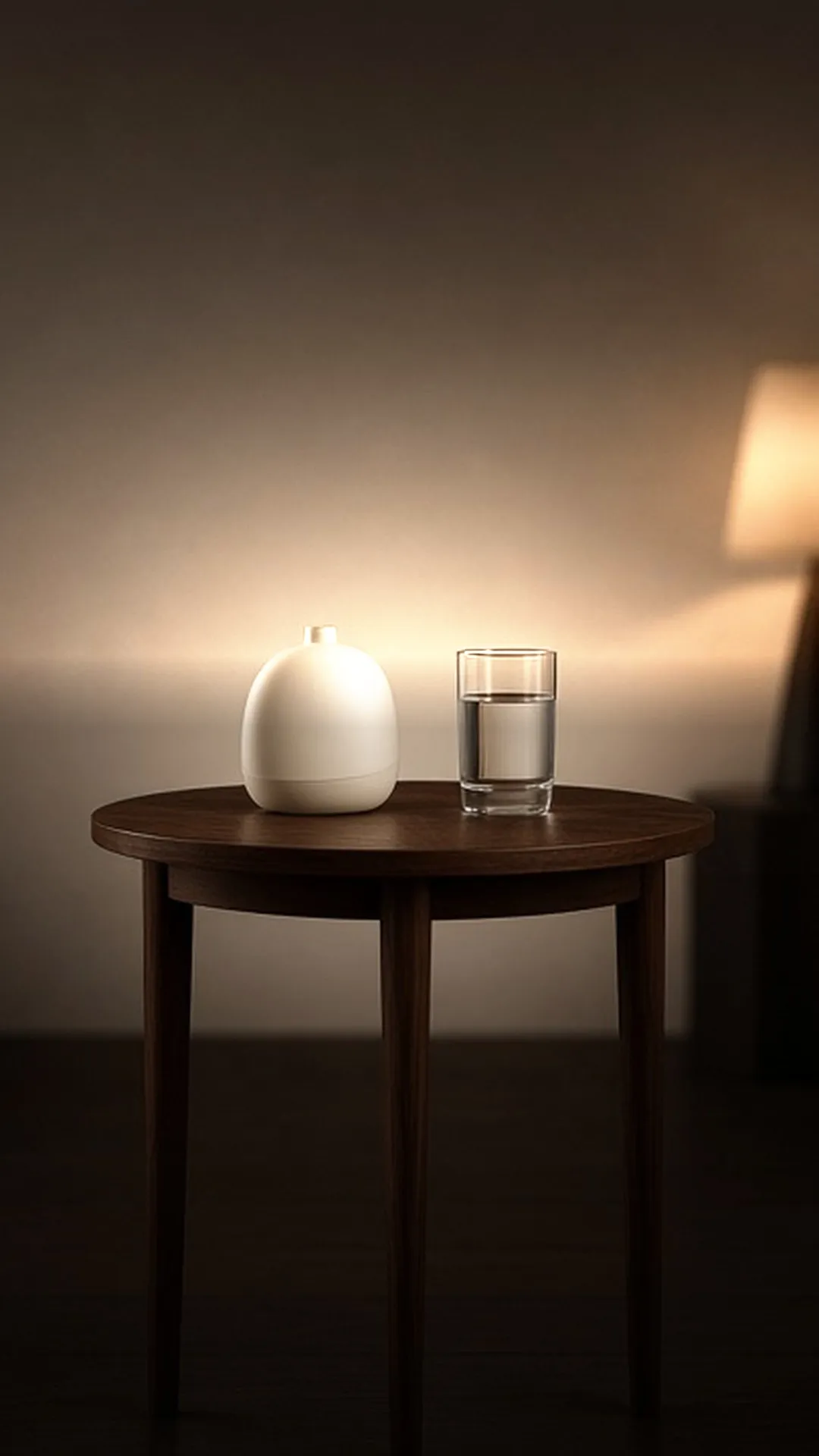 A small ivory pump unit and a glass of water on a round walnut side table
