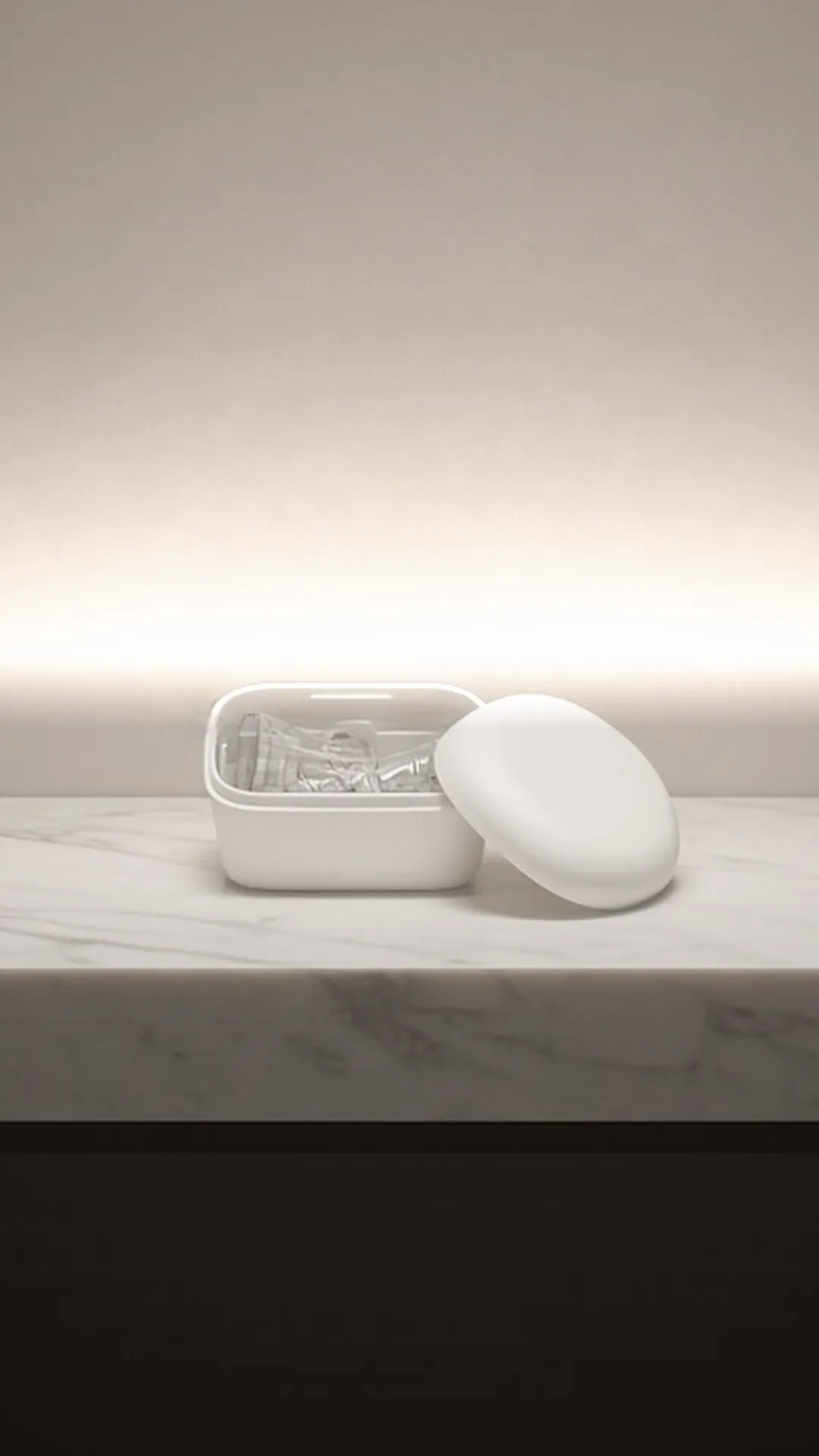 An open white container of clear pump parts, its lid beside it, on marble