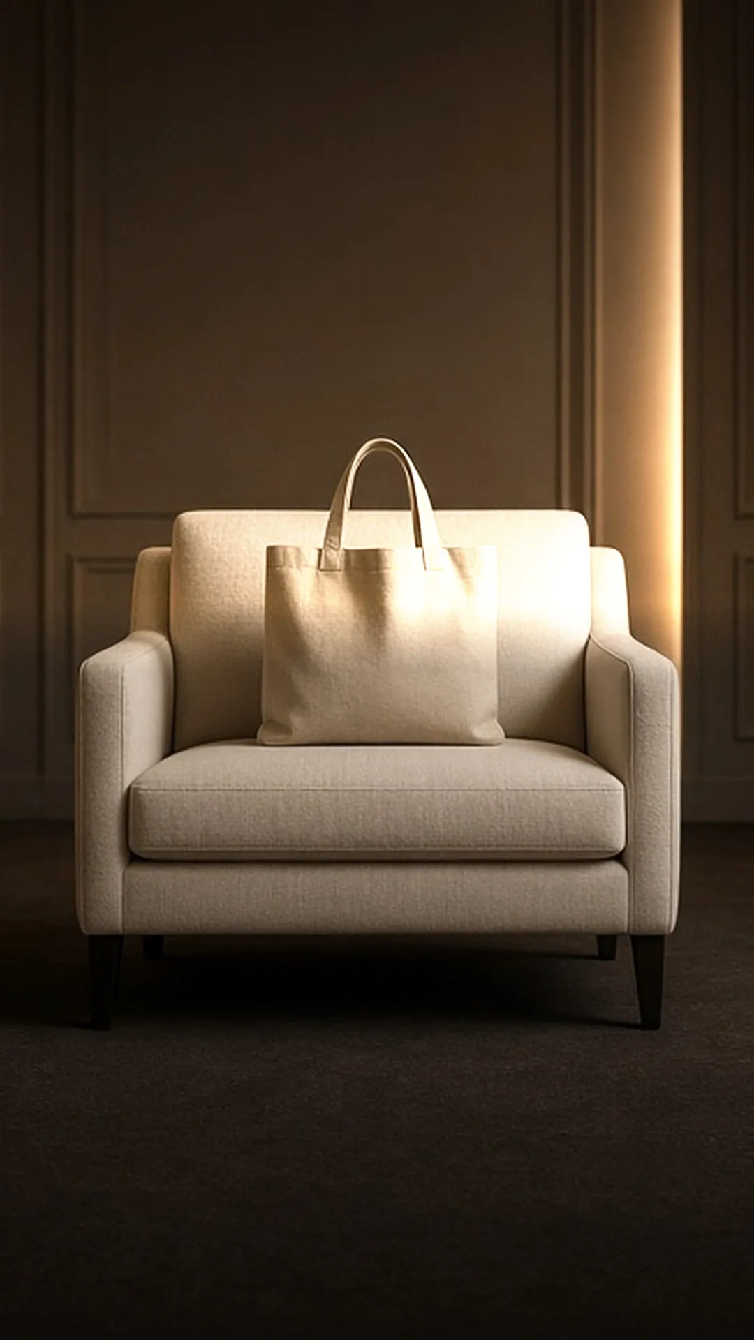 One canvas tote bag resting on a linen armchair in a dim paneled room