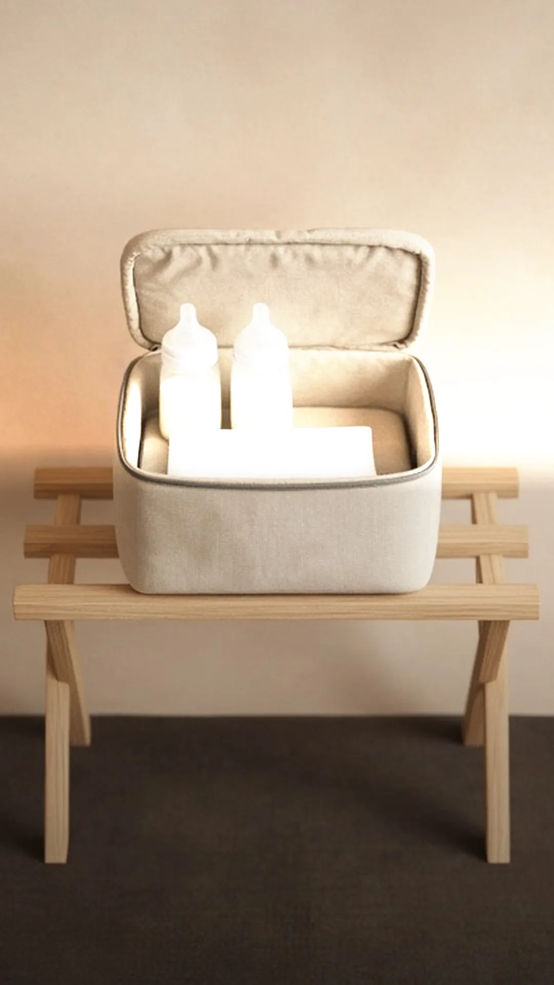 An open canvas cooler with two milk bottles and an ice pack on an oak rack