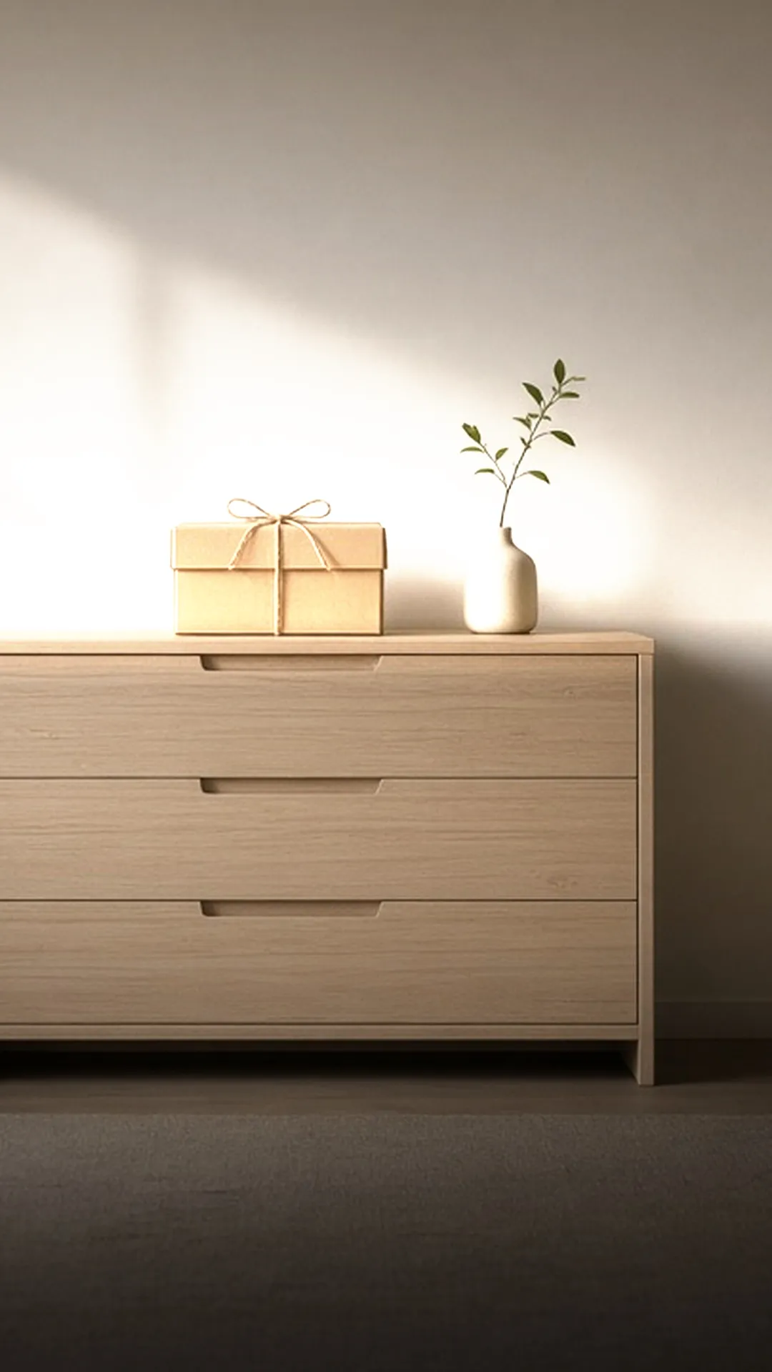 A plain box tied with twine on a nursery dresser