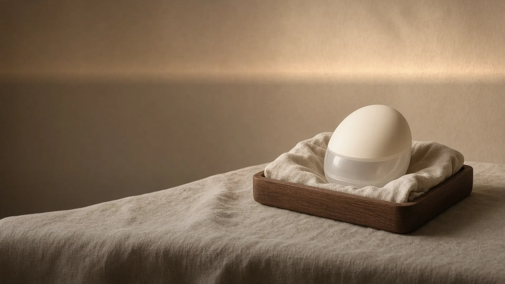 One wearable pump cup on folded linen in a walnut tray on a linen table